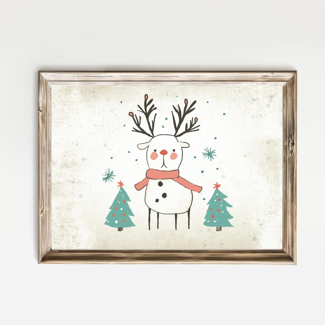 Cheerful Reindeer with Red Scarf and Twin Christmas Trees Poster