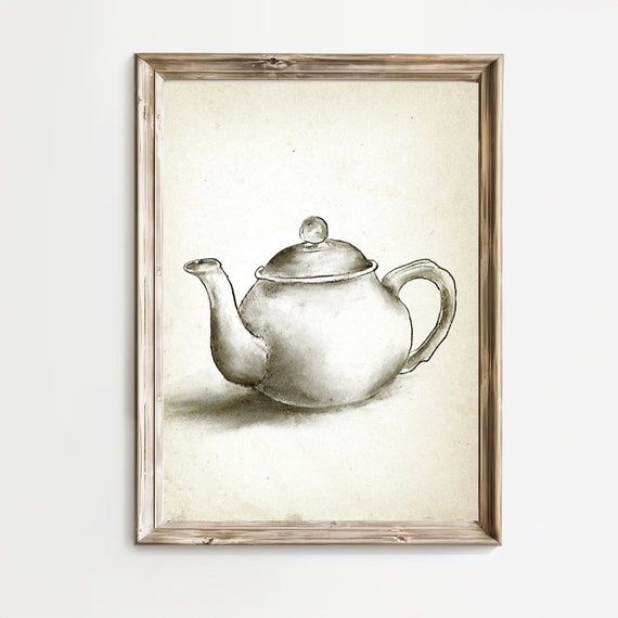 Vintage Still Life Print Of A Teapot Gallery Wall Neutral Farmhouse Kitchen Sketch Artteapot Illustration