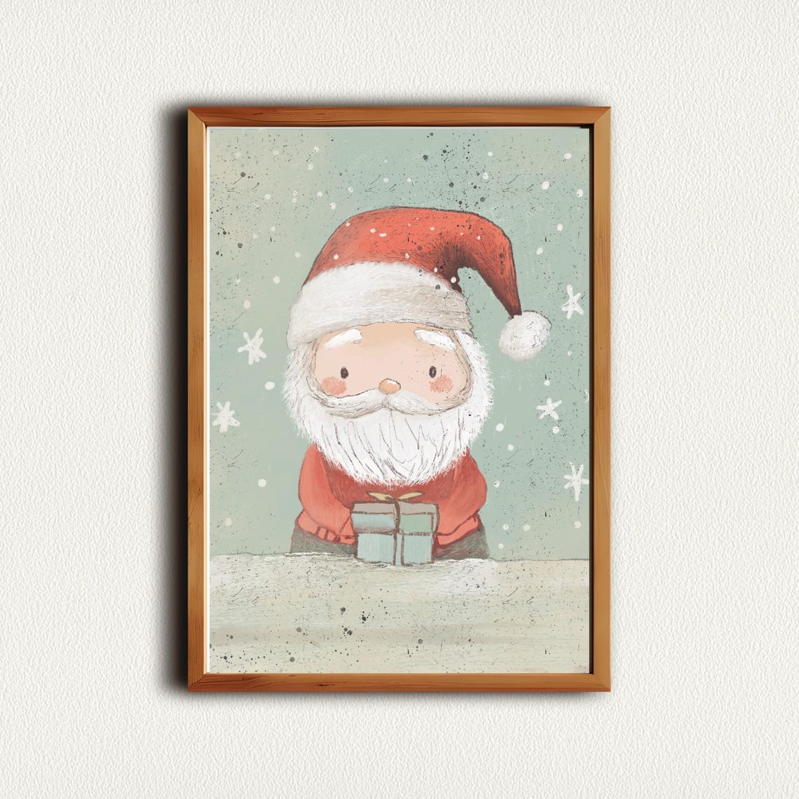 Watercolor Santa Holding Gift in Snowfall Christmas Art Print - Image 4