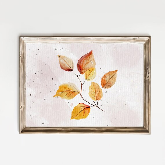 Golden Autumn Leaf Sprig Branch Watercolor Minimalist Fall Poster