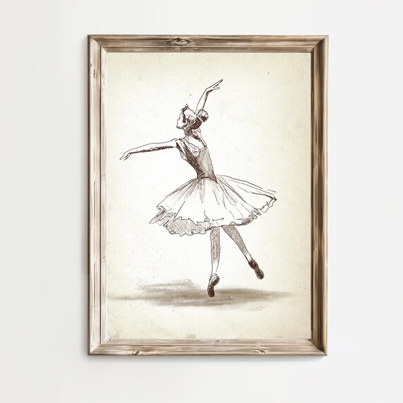 Leaping Ballerina Arabesque Vintage Ink Sketch Tutu Dance Poster