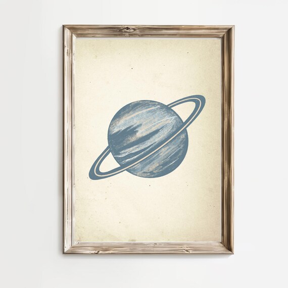 Vintage Blue Gray Ringed Planet Nursery Space Sketch Art Print