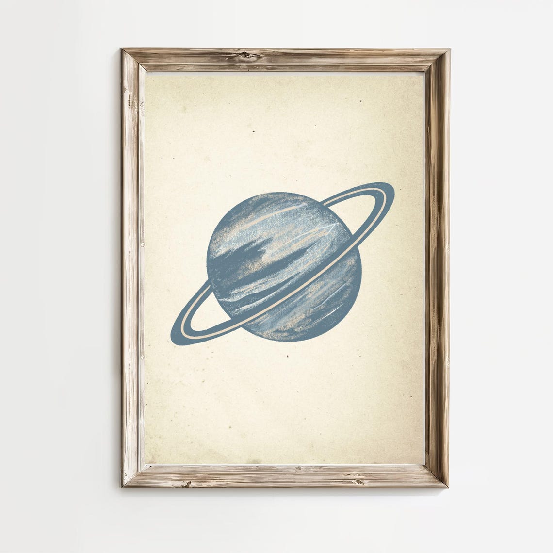 Vintage Blue Gray Ringed Planet Nursery Space Sketch Art Print