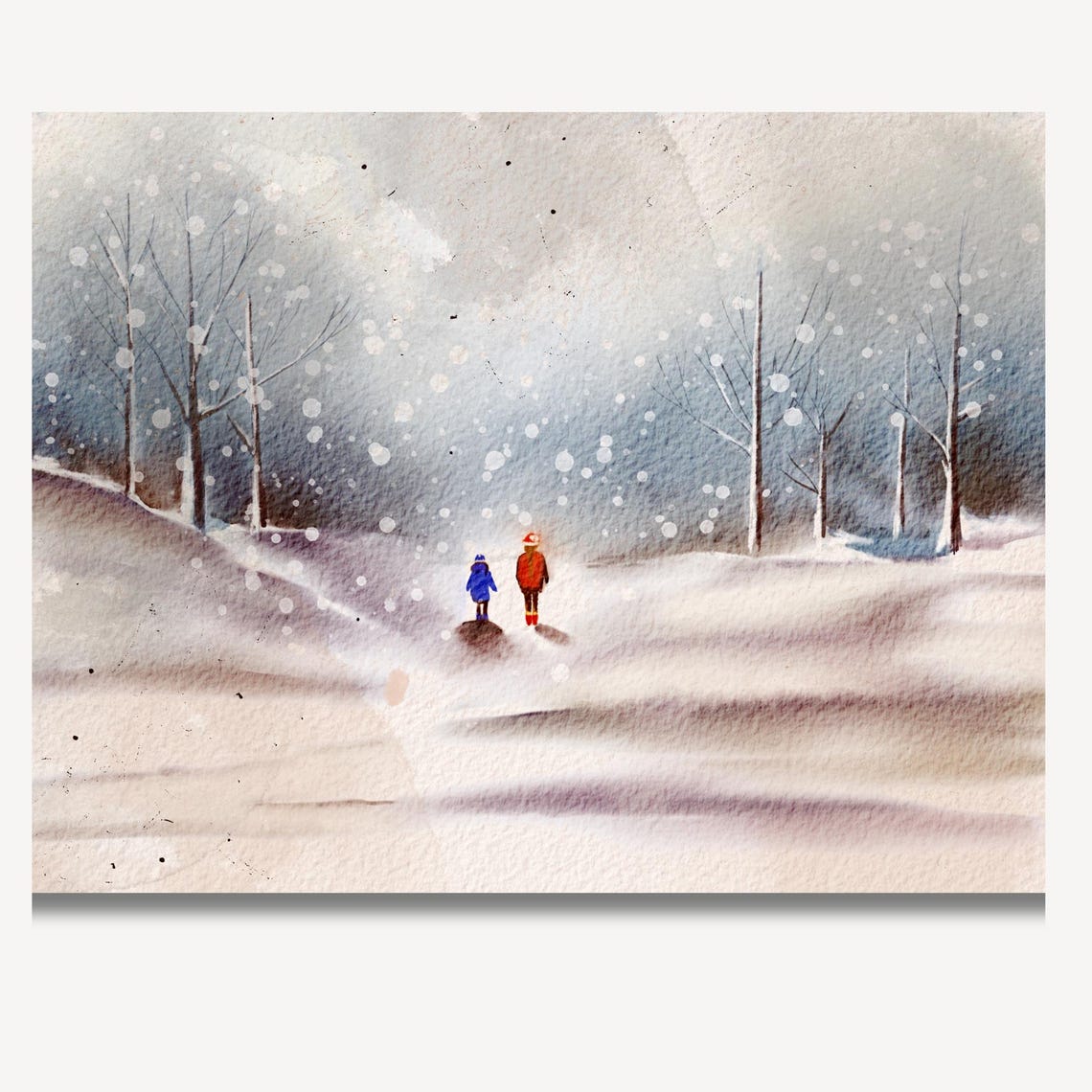 Winter Snow Walk Two Figures Falling Snow Watercolor Wall Art - Image 2