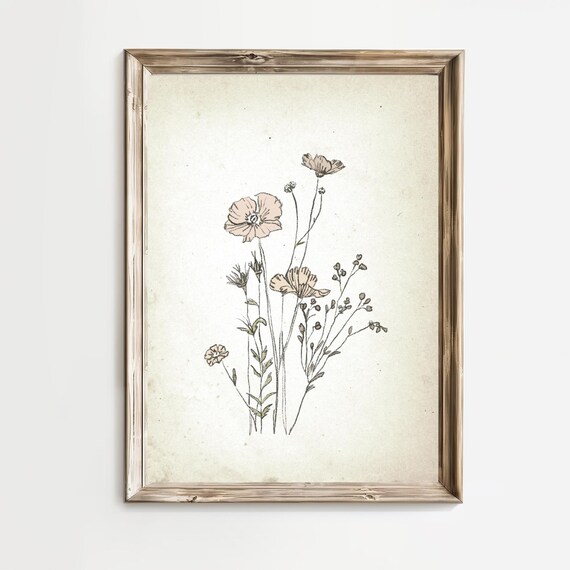 Blush Pink Wildflower Bouquet in Vintage Botanical Art Print