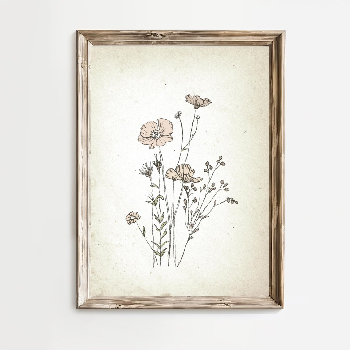 Blush Pink Wildflower Bouquet in Vintage Botanical Art Print