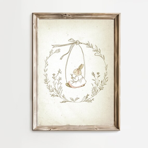 Vintage Bunny On Floral Swing Sketch Neutral Nursery Rabbit Wall Art