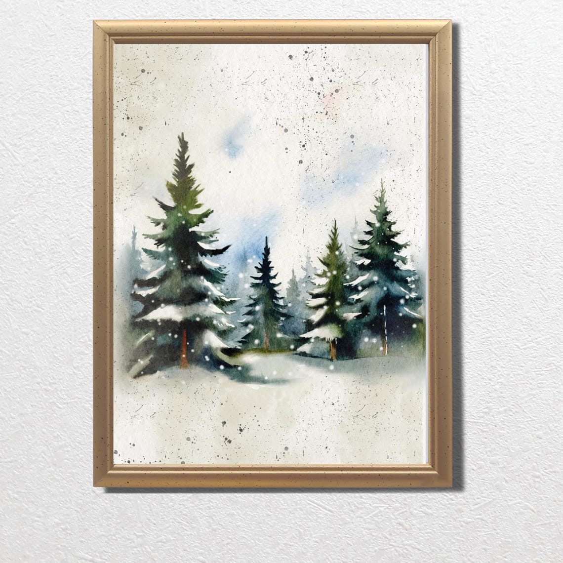 Soft Snow Covered Pine Trees Gently Falling Snow Watercolor Poster - Image 3