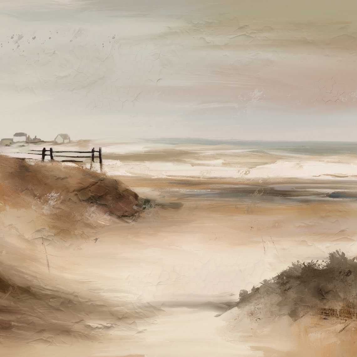 Muted Coastal Seascape Wooden Fence Beach Grass Vintage Art Poster - Image 3