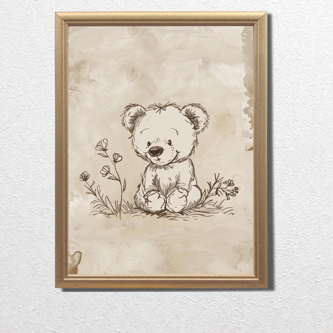 Vintage Teddy Bear Sketch Sitting Among Wildflowers Nursery Poster - Image 2