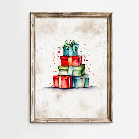 Colorful Christmas Gift Stack Watercolor Red Green Holiday Poster