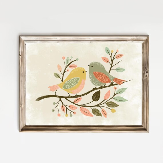 Two Pastel Songbirds On A Leafy Branch Folk Art Nursery Poster