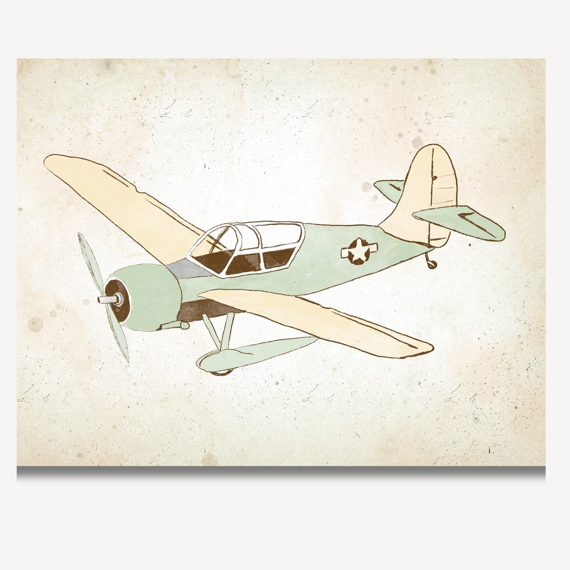 Vintage Mint Propeller Plane Nursery Sketch Star Roundel Print - Image 2