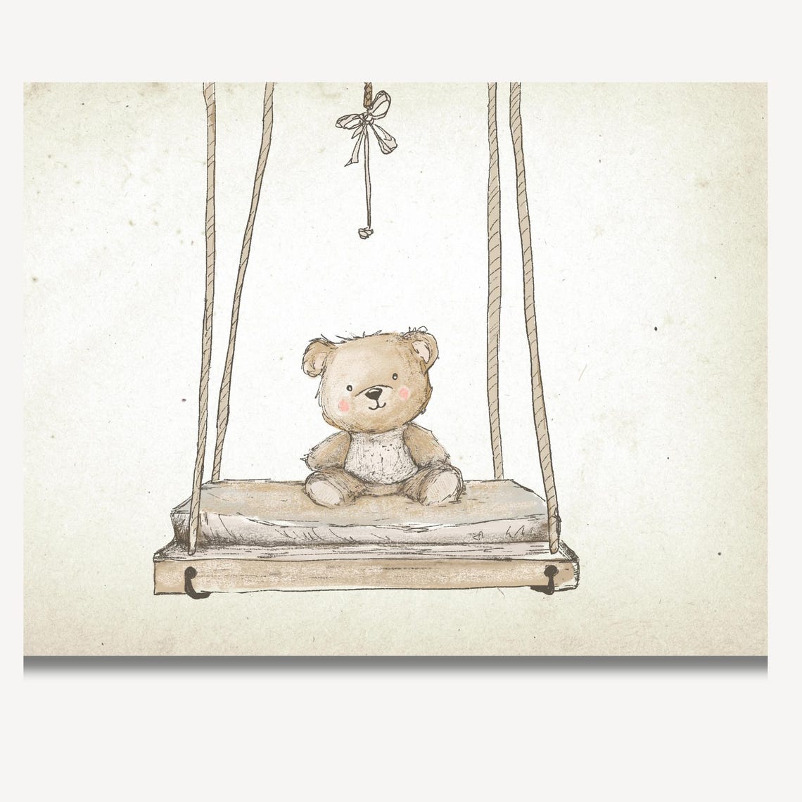 Vintage Teddy Bear Sitting on Rope Swing Sketch Nursery Print - Image 2