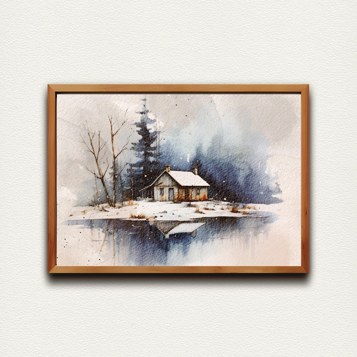 Lakeside Log Cabin Reflection In Snow Winter Watercolor Poster - Image 4
