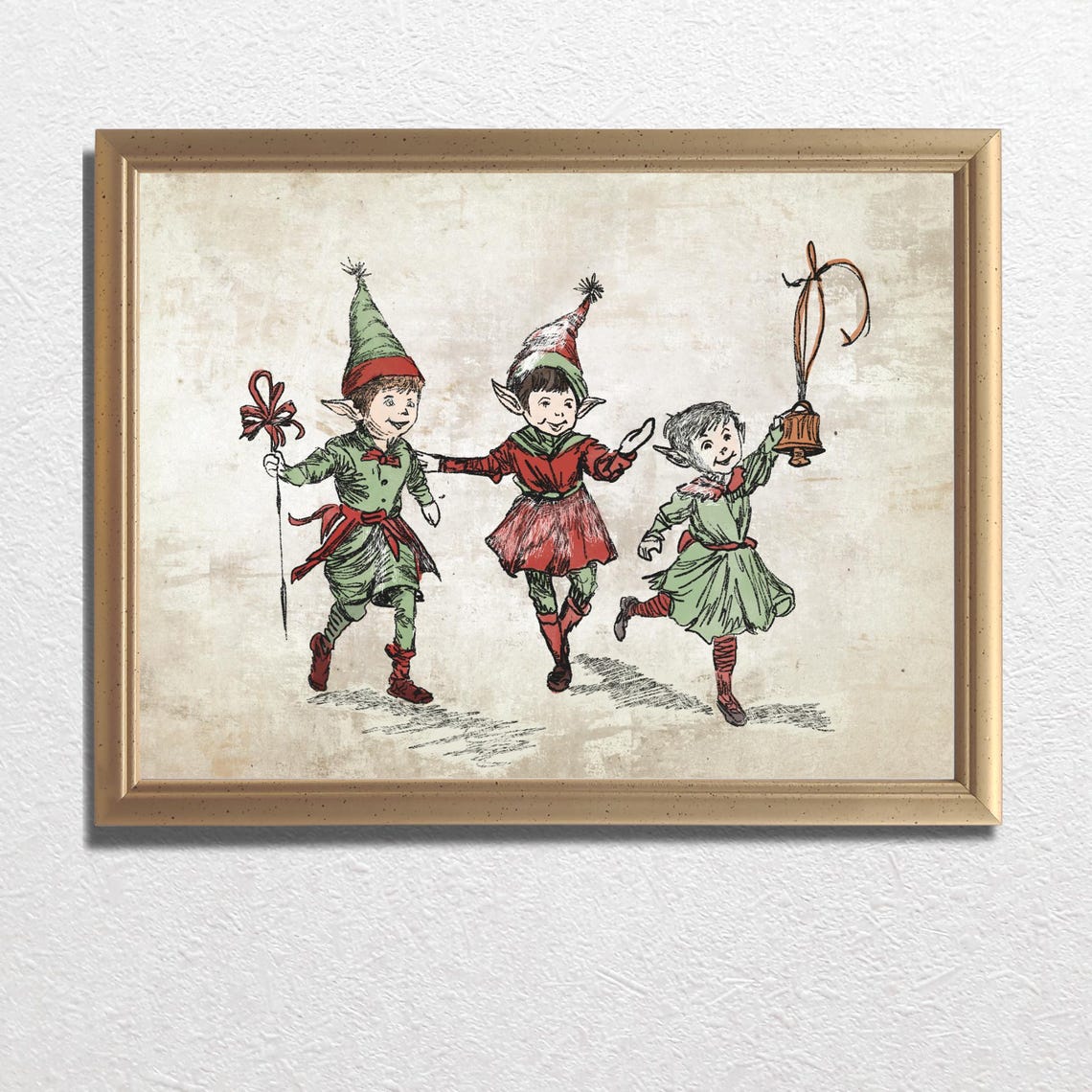 Three Merry Christmas Elves Walking Together Vintage Holiday Poster - Image 3