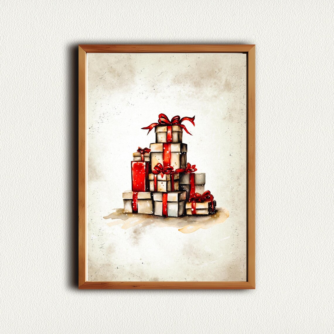Cream Gift Boxes With Red Ribbons Vintage Christmas Wall Art - Image 4