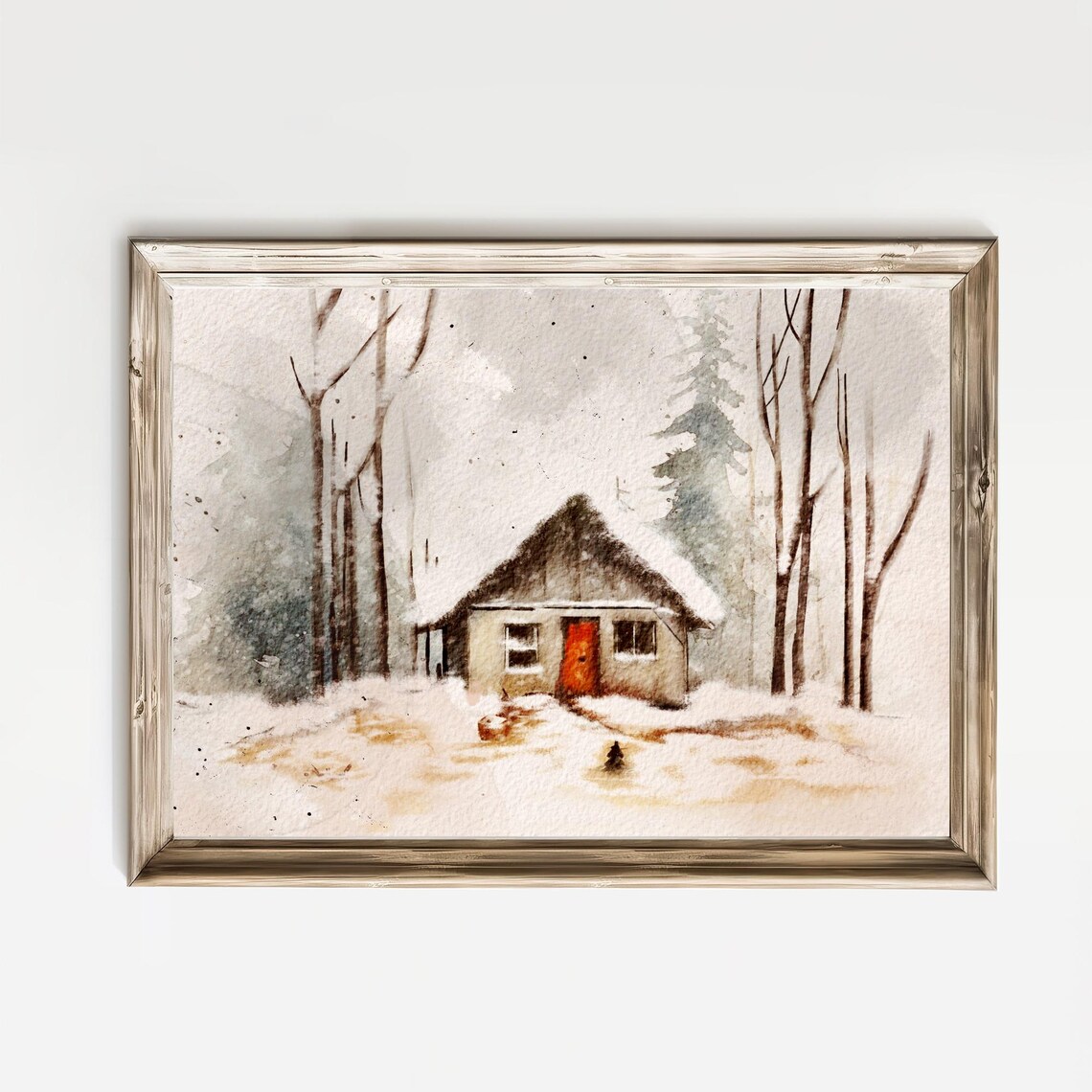 Snow Covered Cabin With Red Door Among Bare Trees Watercolor Poster
