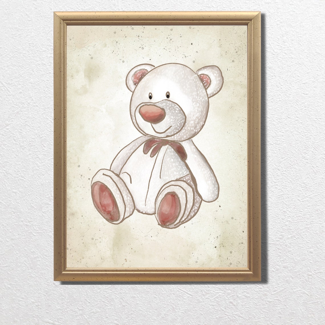 White Teddy Bear With Pink Bow Sketch Cute Nursery Toy Poster