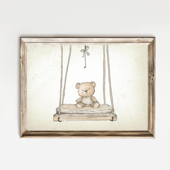 Vintage Teddy Bear Sitting on Rope Swing Sketch Nursery Print