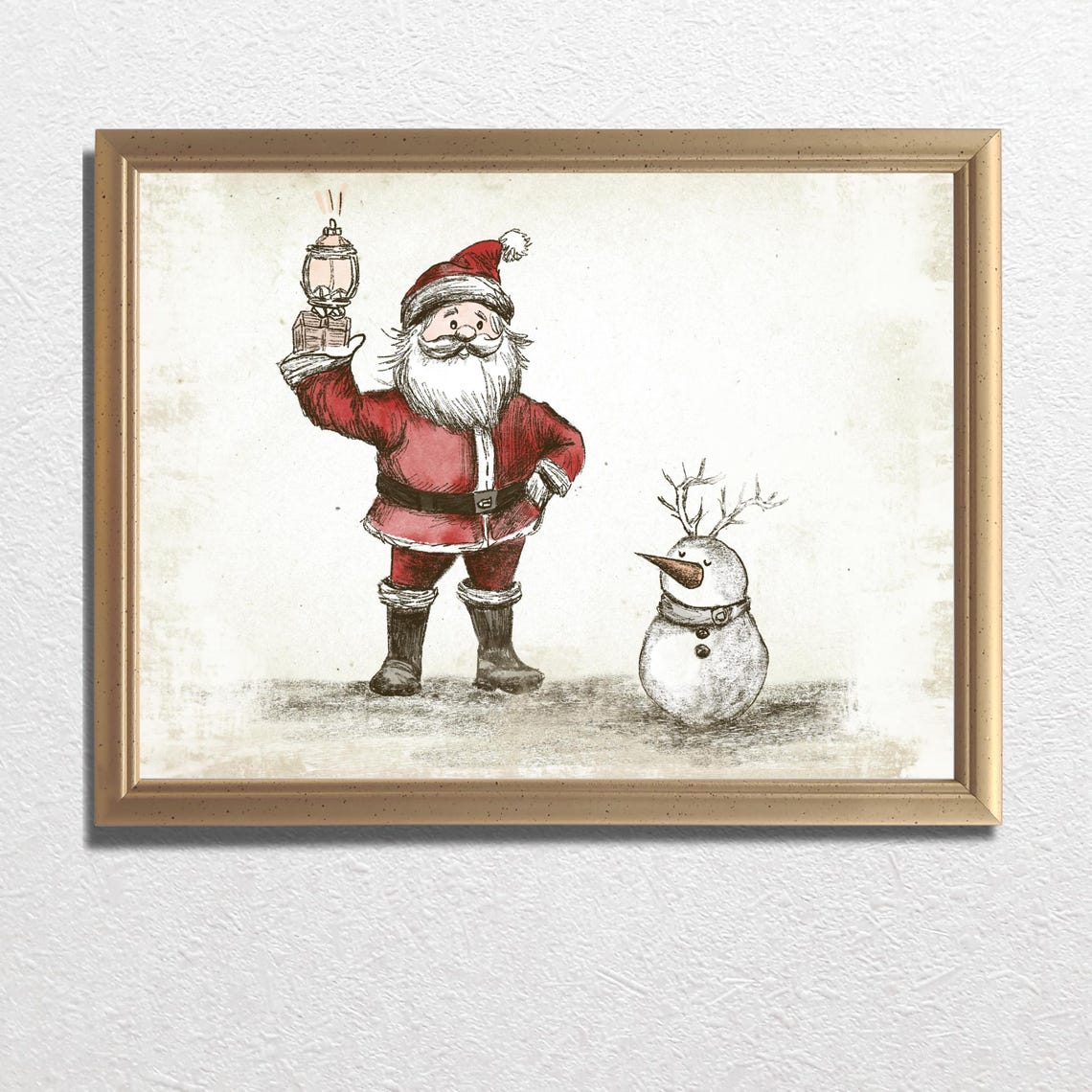 Santa With Glowing Lantern and Gifts Beside Little Snowman Poster - Image 3