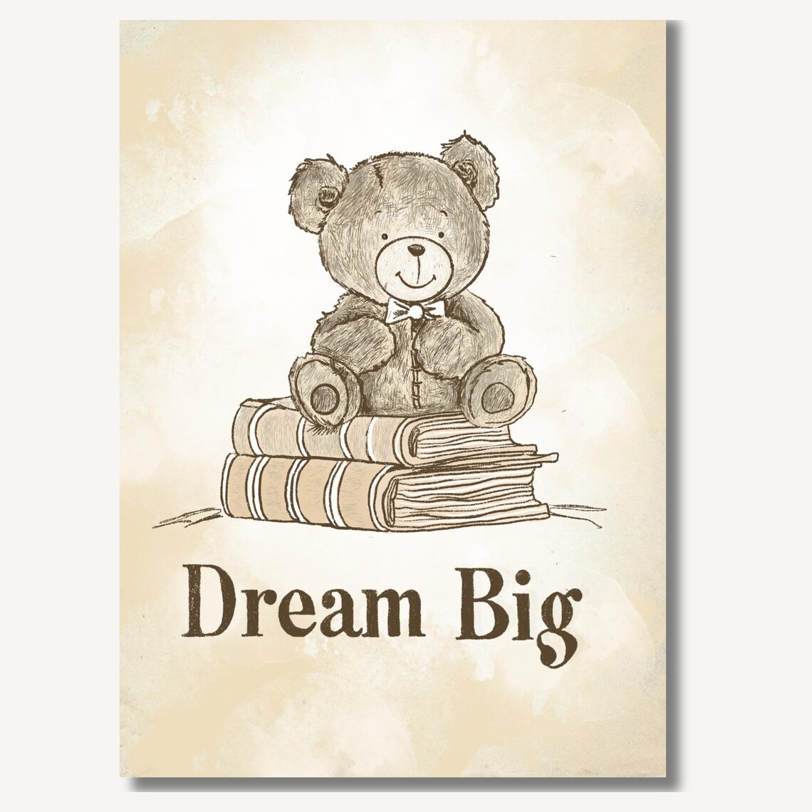 Dream Big Text Teddy Bear Sitting On Books Nursery Quote Poster - Image 3