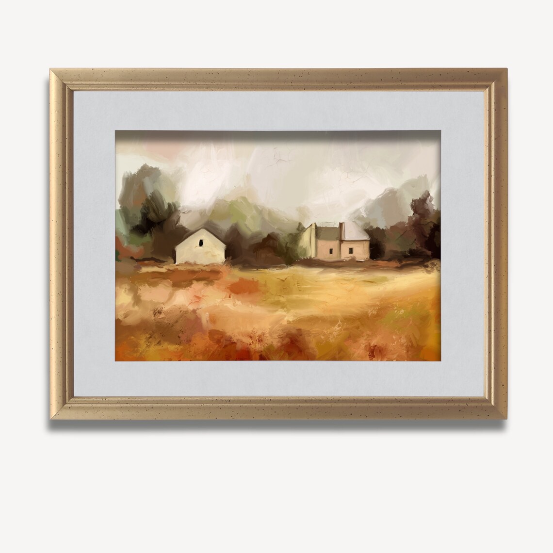 Rustic Autumn Farmhouse Golden Field Countryside Oil Painting Poster - Image 3