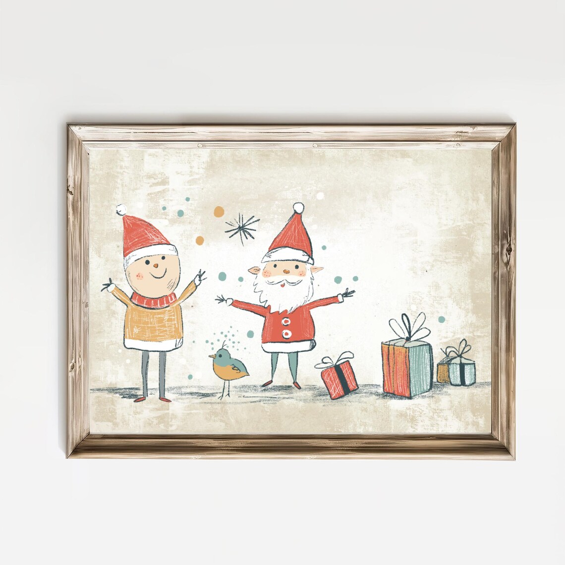 Watercolor Santa with Friend Gifts and Bird Cute Christmas Art Print