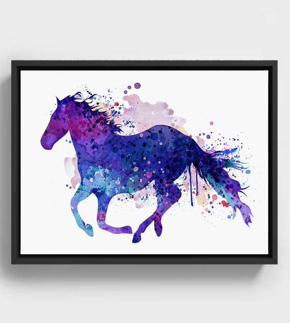 Abstract Horse Watercolor Print Blue Purple Silhouette