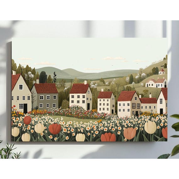 Cute Spring Wall Art Village Wallpaper Farmhouse Decor Tulip Town Canva