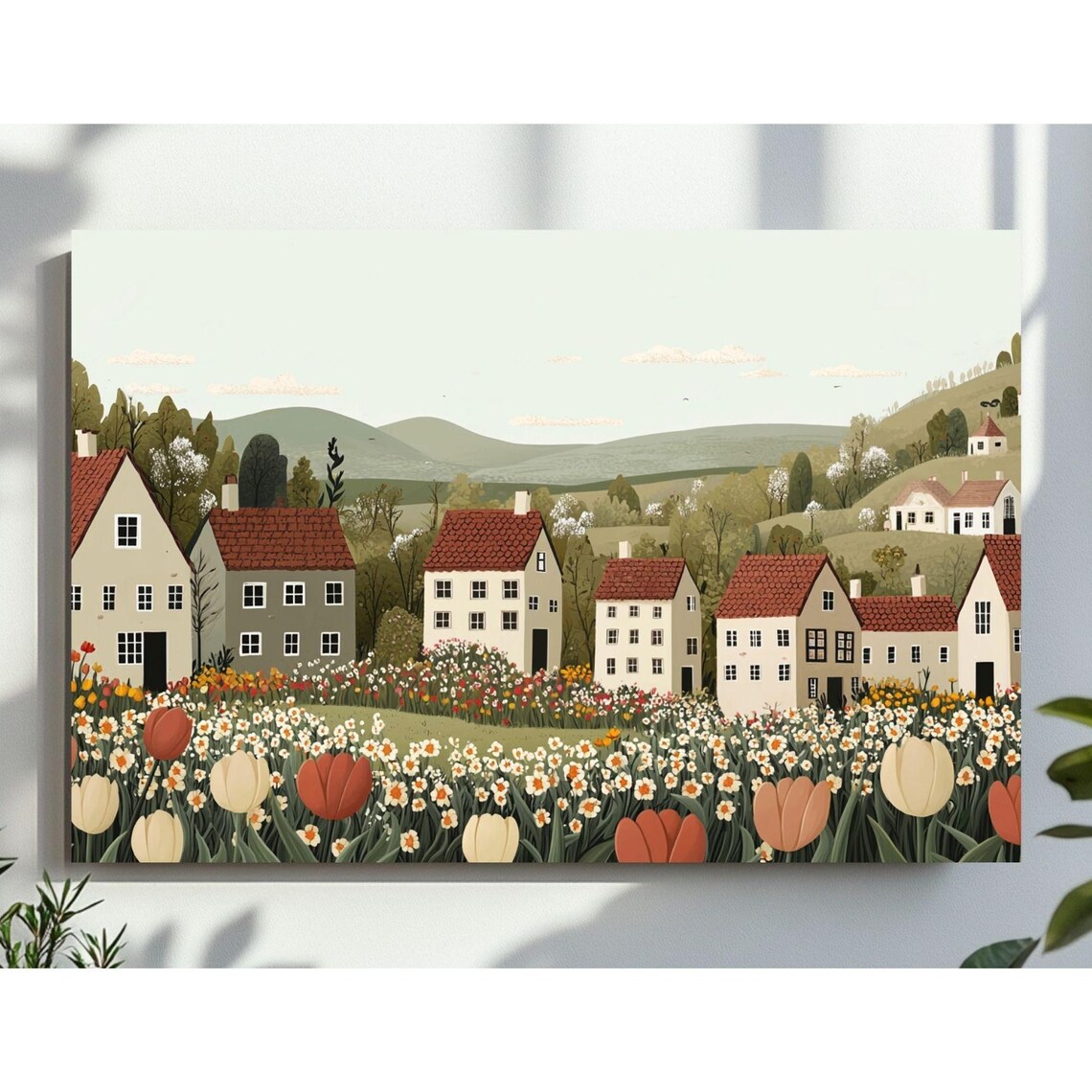 Spring Tulip Village Bloom Hillside Cottages Floral Art Poster