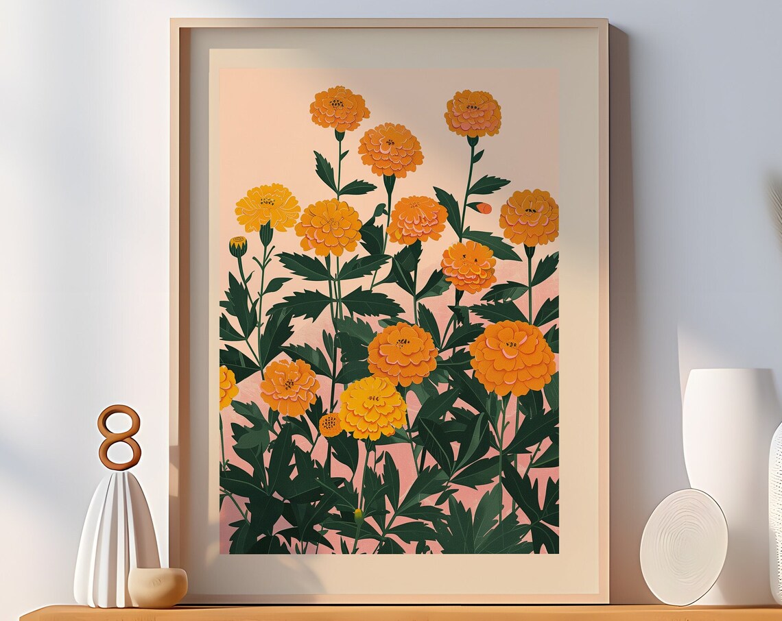 October Marigold Botanical Art Print, Personalized