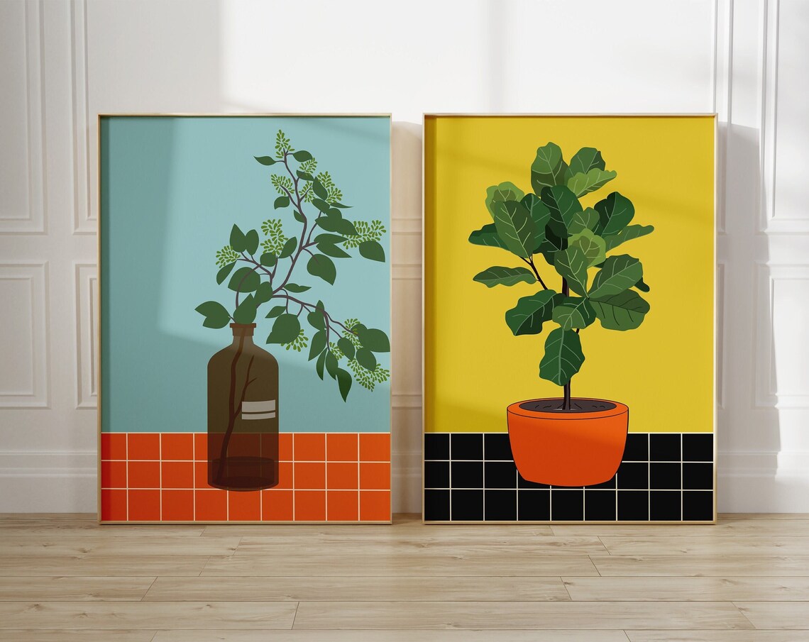 Set of 2 Botanical Plant Artworks Bottle Branch and Potted Fig Poster