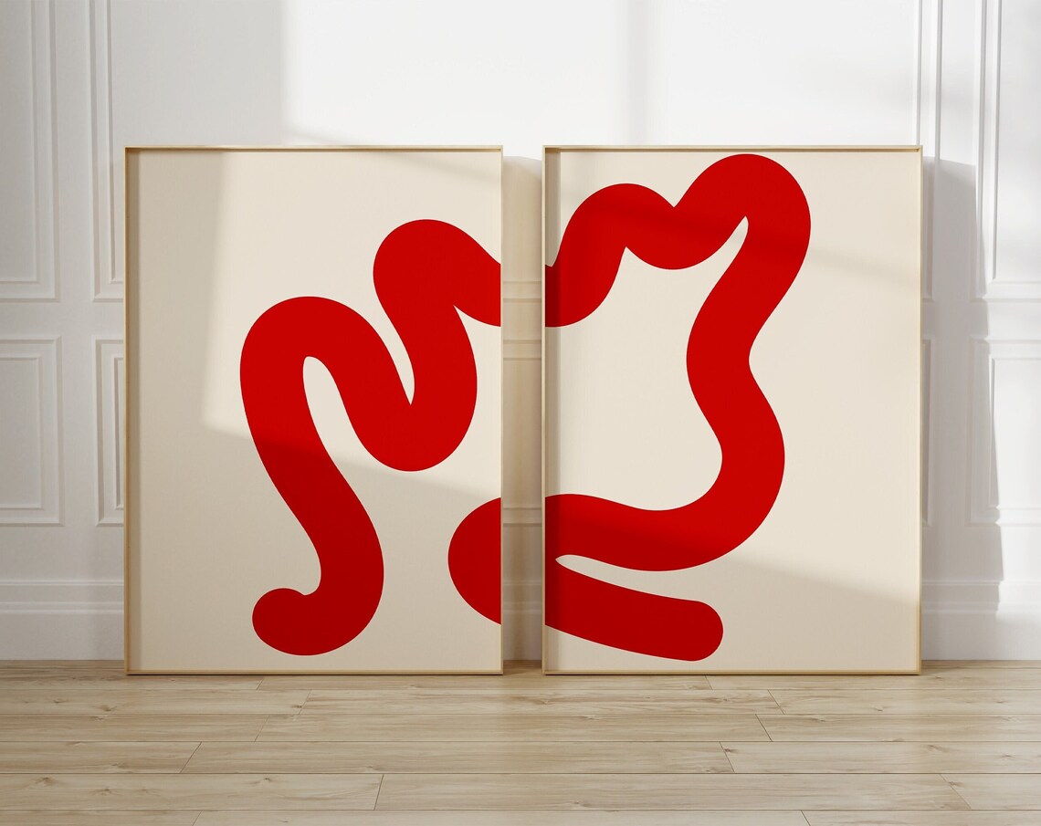 Red Wavy Line Abstract Set of Two Mid Century Modern Art Poster