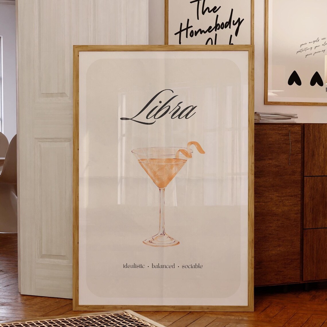 Libra Zodiac Sign Cocktail Poster with Orange Martini Watercolor