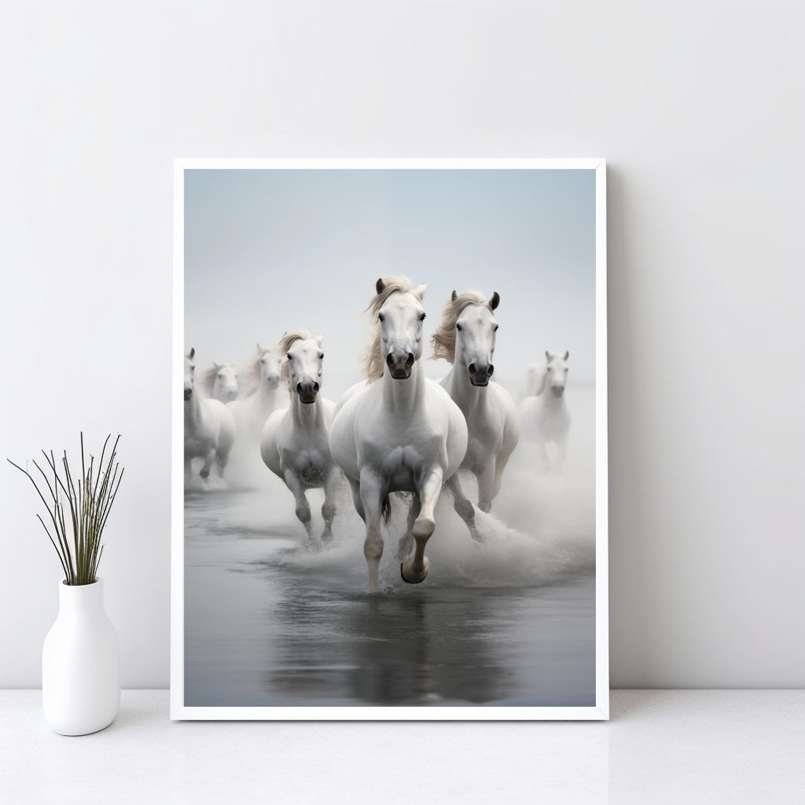White Horses Galloping Water Mist Dramatic Equine Photography Poster