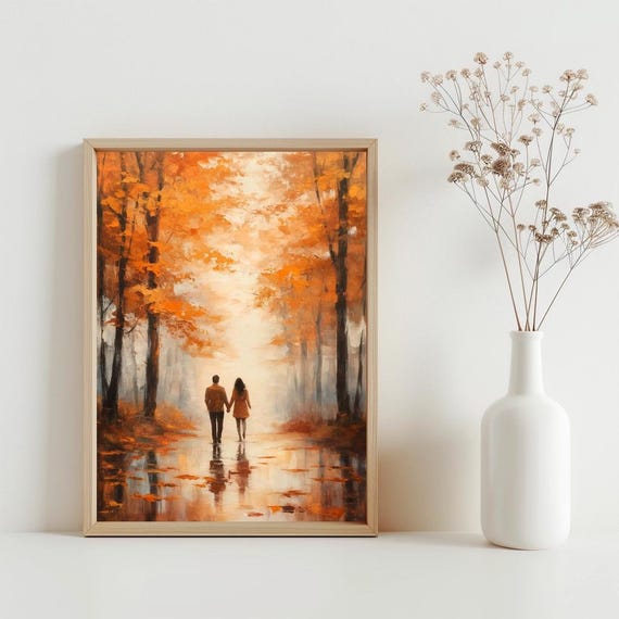 Couple Walking In Forest Wall Art Cute Autumn Girlfriend Boyfriend Wife Husband Fall Painting Hiking Sg208