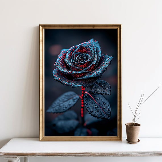 Gothic Black Rose Red Glow Water Droplets Dark Romantic Floral Poster
