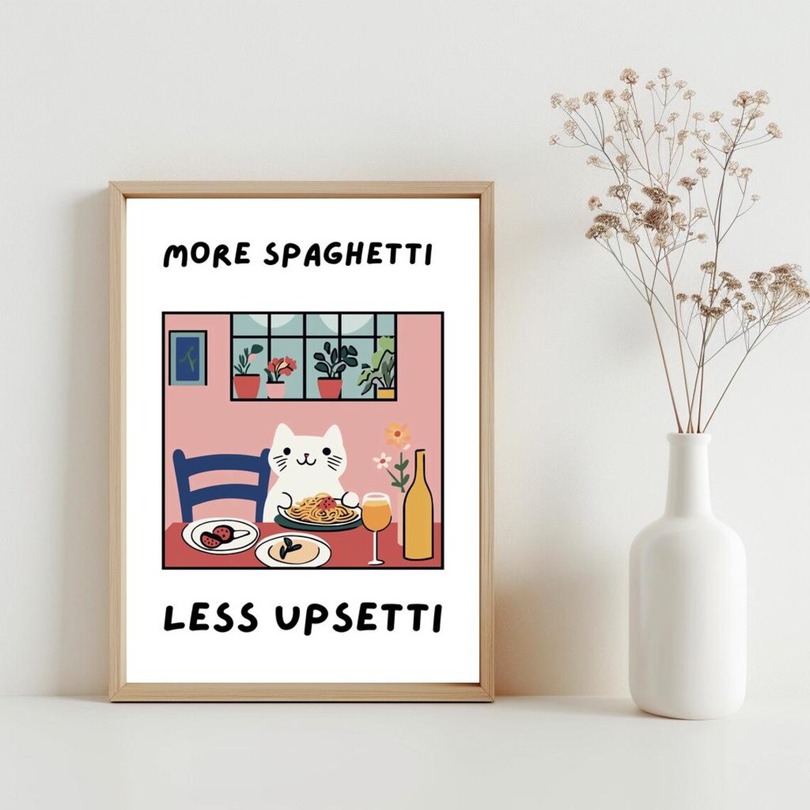 More Spaghetti Less Upsetti Cat Retro Pasta Poster