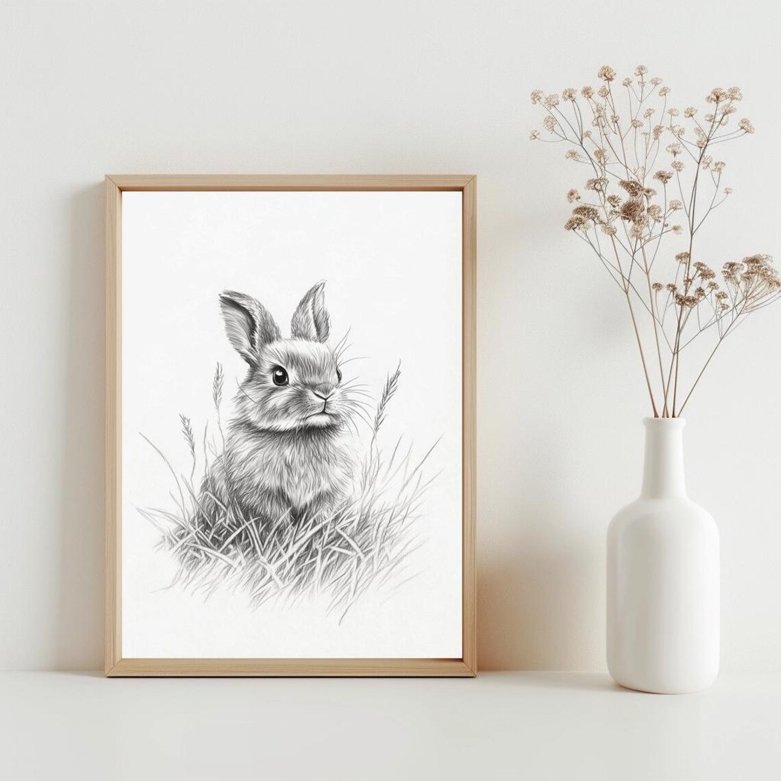 Bunny Rabbit Pencil Sketch Minimalist Woodland Nursery Art Poster