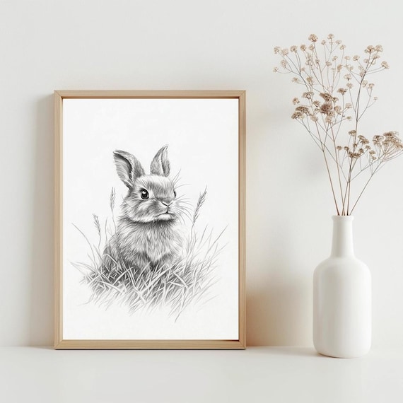 Bunny Rabbit Pencil Sketch Minimalist Woodland Nursery Art Poster