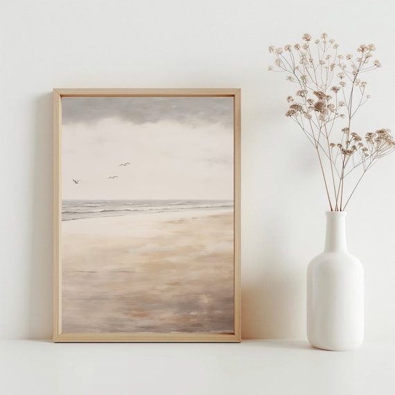 Muted Beige Beach with Seabirds Minimalist Coastal Landscape Poster