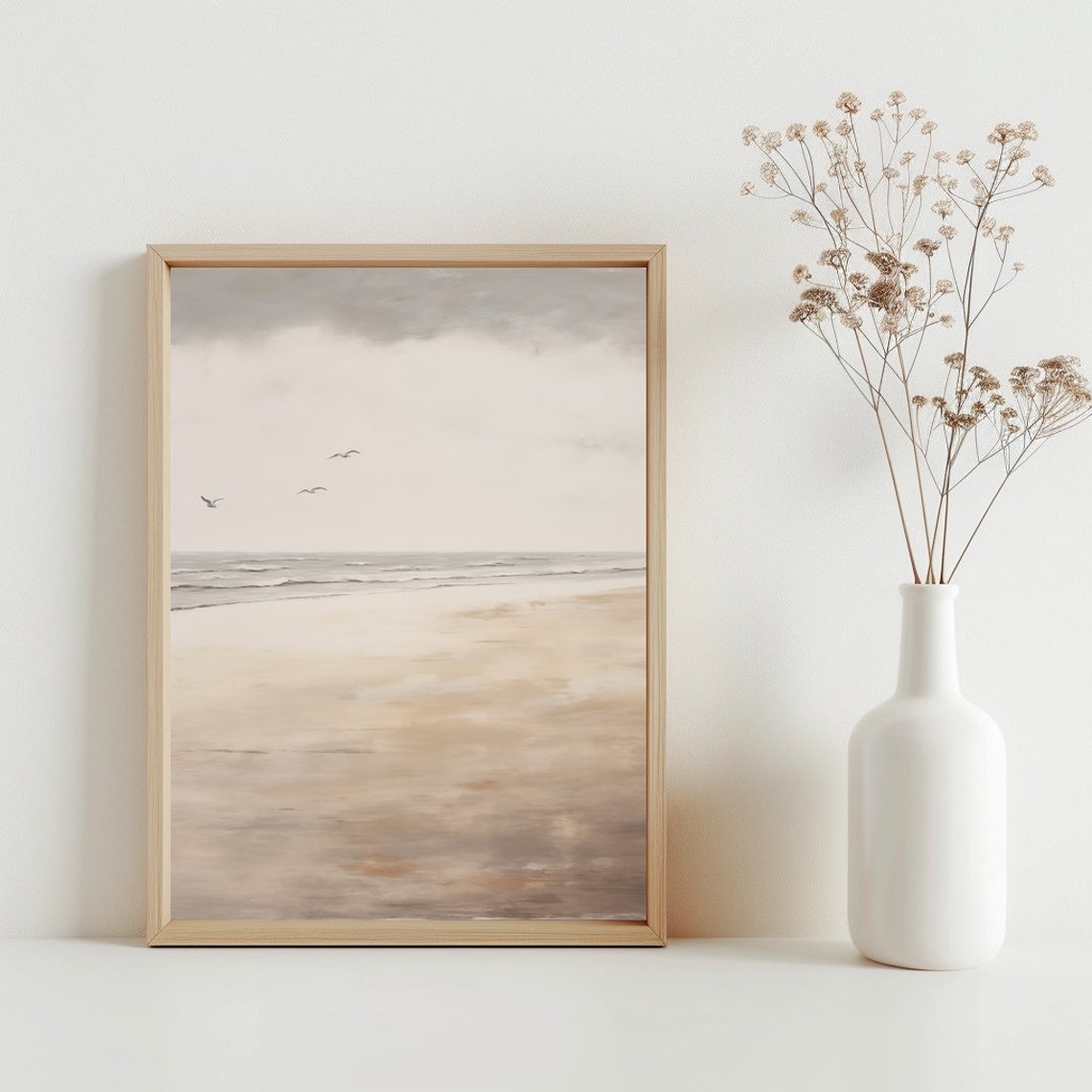 Muted Beige Beach with Seabirds Minimalist Coastal Landscape Poster