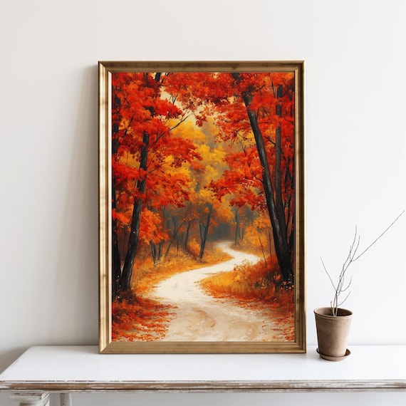 Autumn Forest Path Red Foliage Vintage Landscape Painting Poster