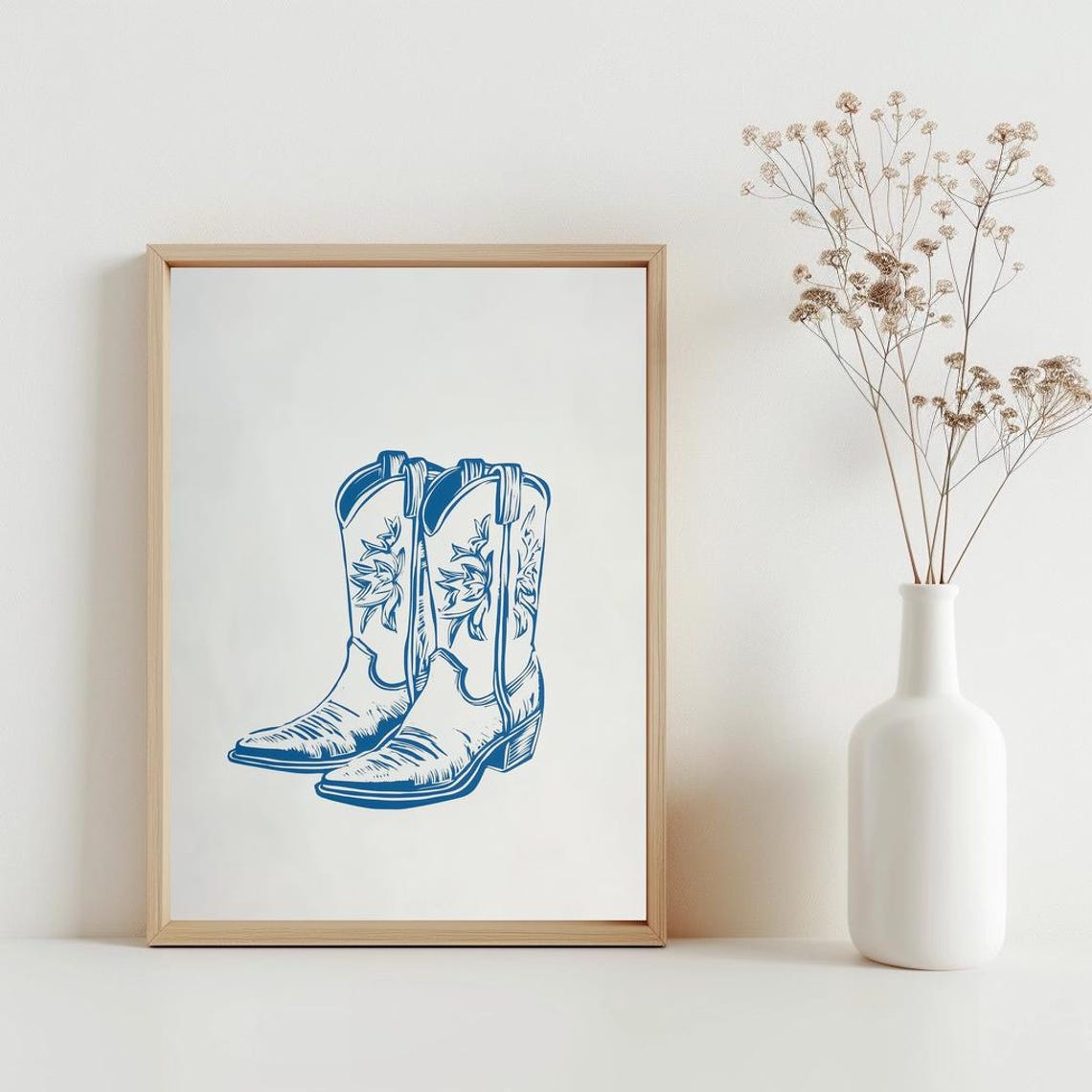 Trendy Blue Cowboy Boots Line Art Coastal Western Dorm Poster