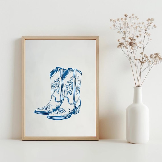 Trendy Blue Cowboy Boots Line Art Coastal Western Dorm Poster