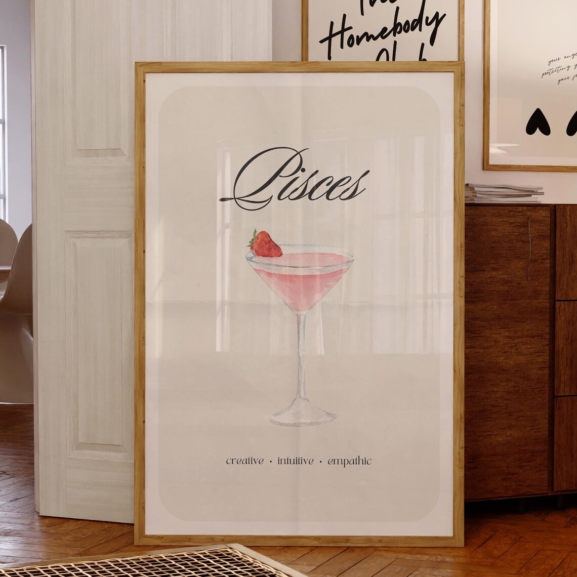 Pisces Zodiac Sign Cocktail Poster with Strawberry Martini Watercolor - Image 4