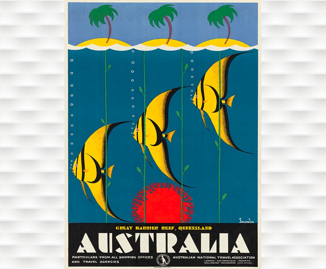Australia Great Barrier Reef Queensland Angelfish Vintage Poster