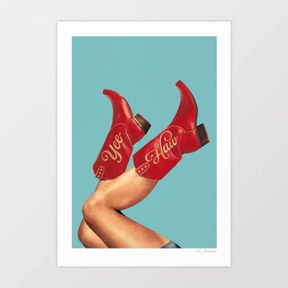 These Boots Yee Haw Red Cowboy Art Print Texas Rodeo Wall Decor
