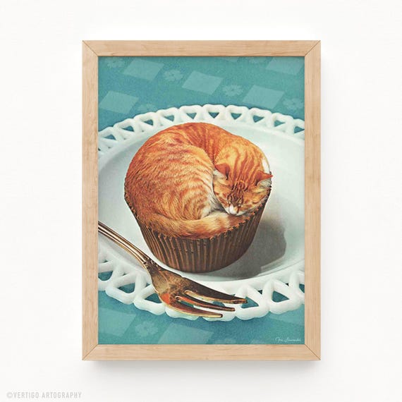 Ginger Cat Muffin Art Print, Retro Kitchen Decor